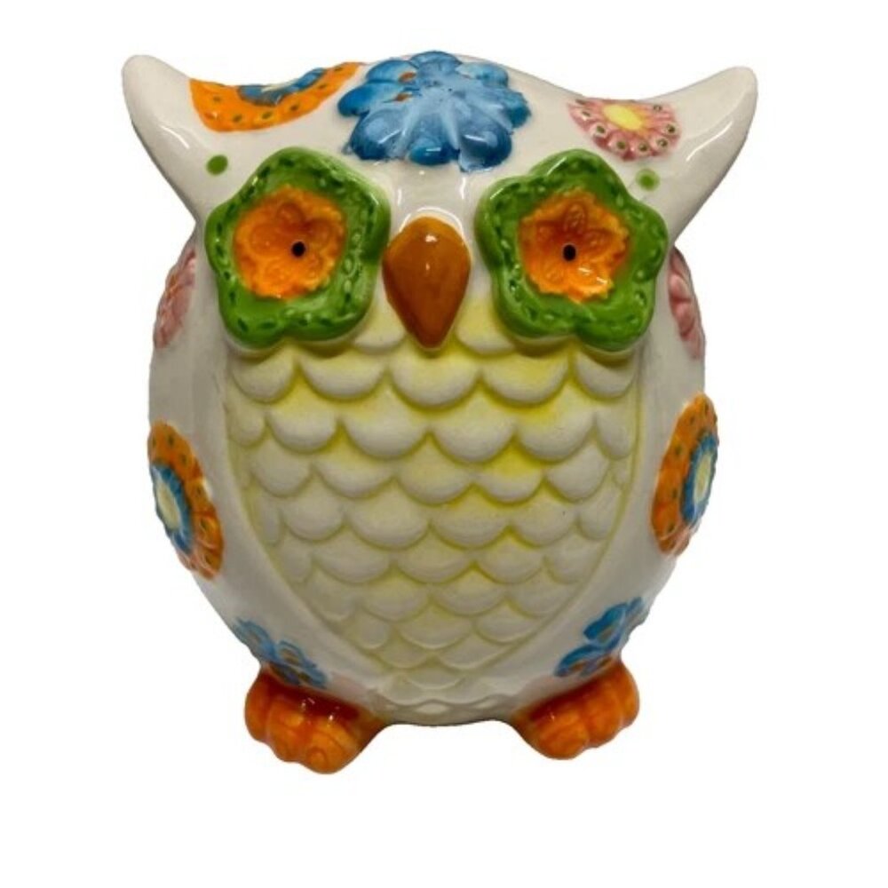 Vintage Pier 1 Owl Piggy Bank 5"‎ Bright Coloful 70's Flower Power (Read)